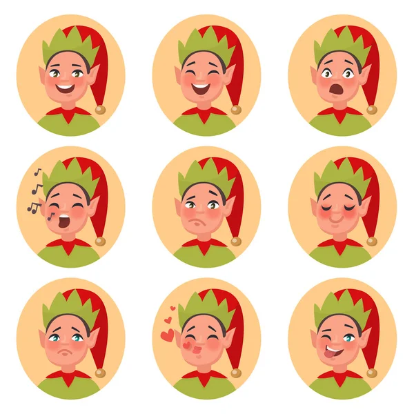 Navidad Elfo emoji iconos de la cara. Conjunto de diferentes emociones charac — Vector de stock