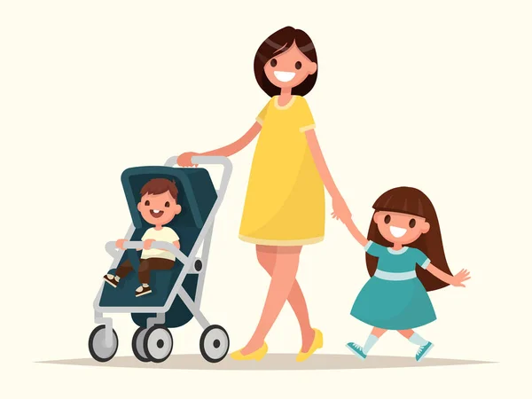 Maternidad. Feliz madre joven con su hija y un niño pequeño i — Vector de stock