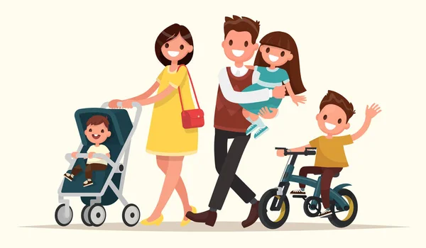 Grote familie op de wandeling. Moeder met baby in een kinderwagen, vader houdt da — Stockvector