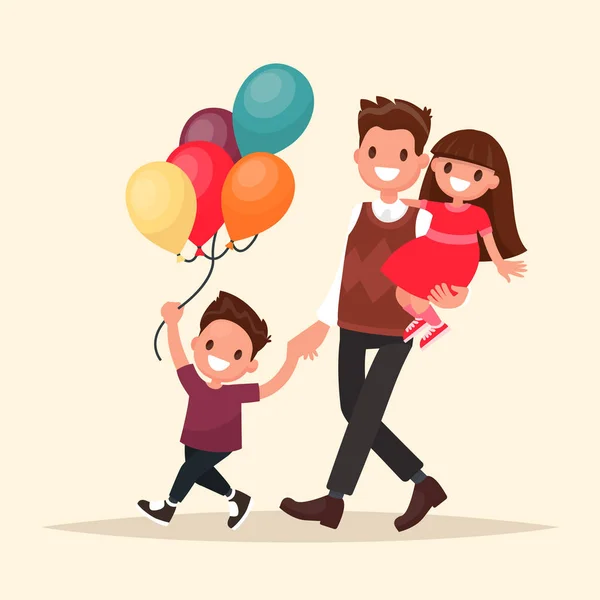 Paternity. Father with son and daughter  having fun. Vector illu — Stock Vector