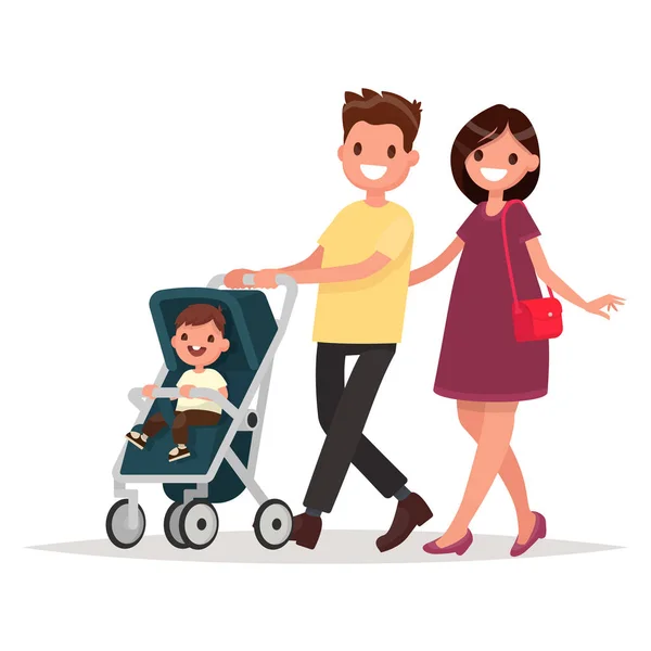 Una familia joven. Padres con un niño pequeño. Mamá y papá están caminando wi — Archivo Imágenes Vectoriales