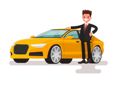 Mutlu bir adam arabanın yanında bir takım elbise giymiş. Satıcı veya o