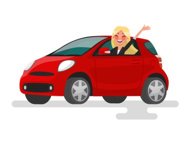 Makine üzerinde sürme. Mutlu sarışın kadın arabada rides. Vecto