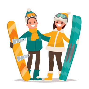Kış sporları. Çift erkek ve kadın snowboard ve Kayak ile. V