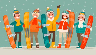 Kış etkin boş. Bir grup insan snowboard ve sk