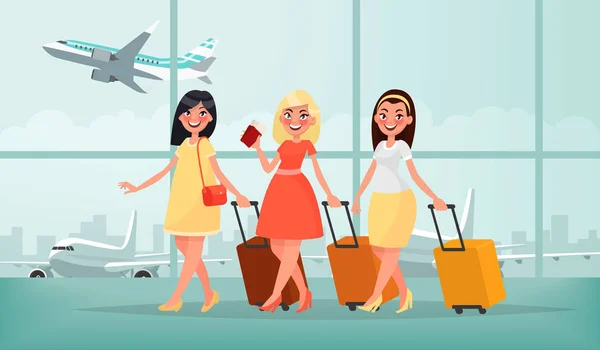 Viagens aéreas para países quentes. Três amigos felizes mulheres com lug —  Vetores de Stock