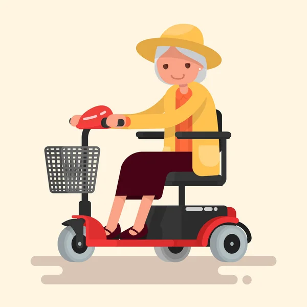 Γιαγιά, μια ηλικιωμένη γυναίκα με καπέλο βόλτες με ένα ηλεκτρικό wheelc — Διανυσματικό Αρχείο