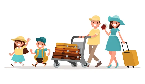 Οικογενειακά ταξίδια. Γονείς και παιδιά στο αεροδρόμιο πετάξει μακριά για — Διανυσματικό Αρχείο