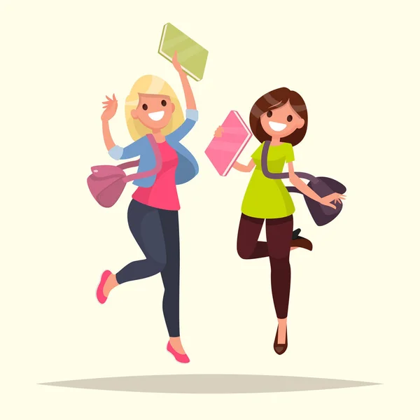 Happy students girls  jumping for joy. Vector illustration in a — Stock Vector