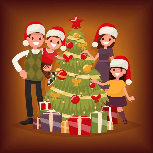 Feliz Navidad y Año Nuevo. La familia decora la Navidad — Archivo Imágenes Vectoriales