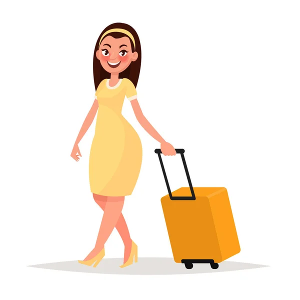 Pretty girl with luggage  in the airport. Vector illustration in — Stock Vector