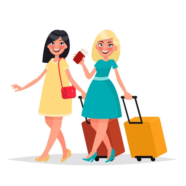 Two friends women with luggage are gone to travel by plane. Vect — Stock Vector