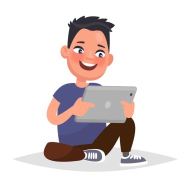 Bir tablet elinde tutan çocuk. Vektör çizim karikatür St