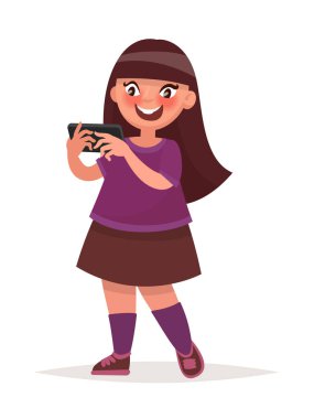Küçük kız bir akıllı telefon tutarak. Vektör çizim karikatür