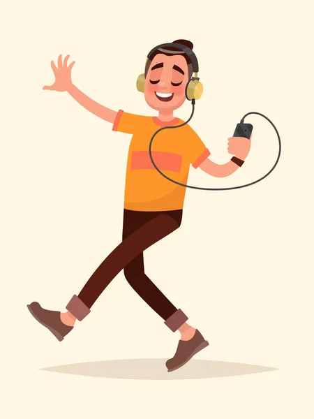 Hombre bailando escuchando música en su teléfono a través de auriculares . — Archivo Imágenes Vectoriales