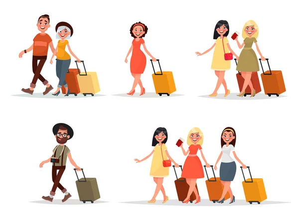 Set walking airplane passengers. Man, woman, friends with luggag — Stock Vector
