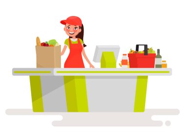 Güzel kız kasiyer Yazar kasa süpermarkette. Vektör hastası