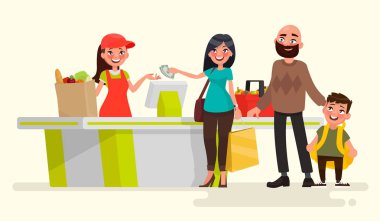 Süpermarket mağaza kasiyer kız, Yazar kasa ve alıcılar. Vecto