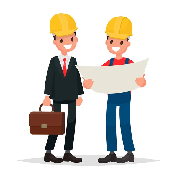 Ingeniero y capataz discuten el proyecto de construcción. Ilustración del vector — Vector de stock