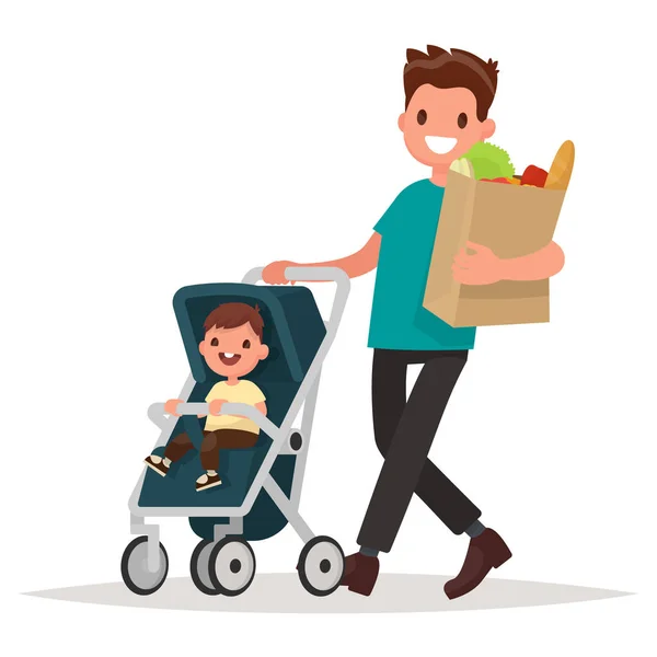 Padre con un pacchetto di prodotti e un bambino nella carrozzina. Vec — Vettoriale Stock
