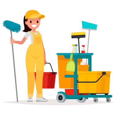 Servis temizlik işçisi kadın bir paspas ve kova tutuyor.