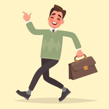 Evrak çantası ile mutlu işadamı gider. Vektör çizimde bir