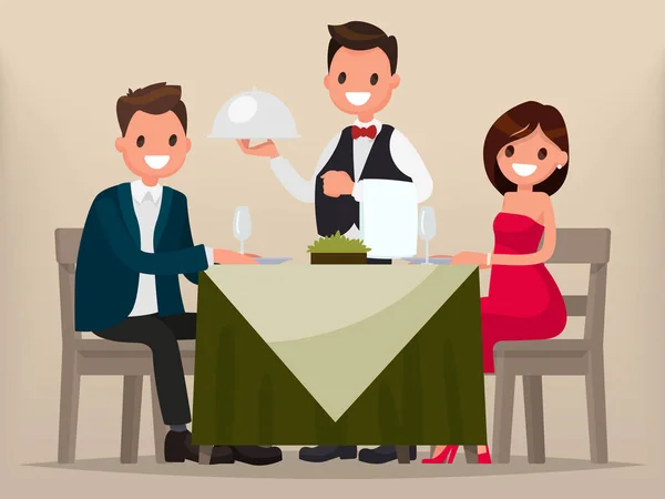 一对年轻夫妇在一家餐馆共进晚餐。男人和女人端坐马上 — 图库矢量图片