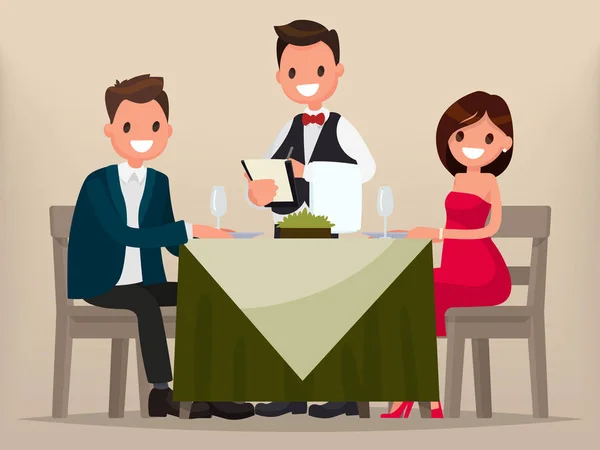 Молодая пара ужинает в ресторане. Мужчина и женщина сидят — стоковый вектор