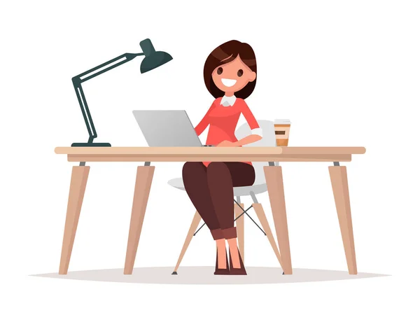 Business woman at the desk is working on the laptop computer. — Stock Vector