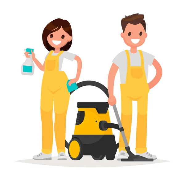A takarítási szolgáltatást. Férfi és nő öltözve egyenruhát-elkülönített b — Stock Vector