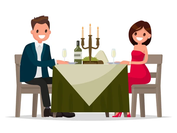 ろうそくの明かりで夕食を食べているカップル。男と女の回で座っています。 — ストックベクタ