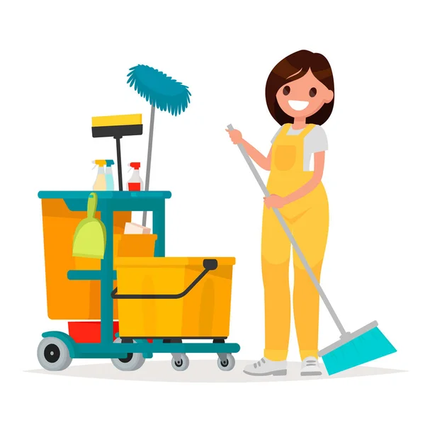 Mulher trabalhadora do serviço de limpeza está segurando uma esfregona. Ilustre vetor —  Vetores de Stock