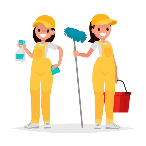 Donne lavoratrici di impresa di pulizia su sfondo bianco. Vettore — Vettoriale Stock