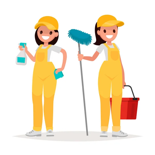 Women workers of cleaning company on a white background. Vector — Stock Vector