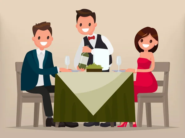 Fiatal pár egy étteremben vacsorázik. Férfi és nő ülök — Stock Vector