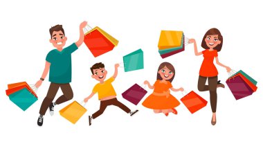 Mutlu aile alışveriş. Anne, baba, oğlu ve kızı sıçrama şunlardır