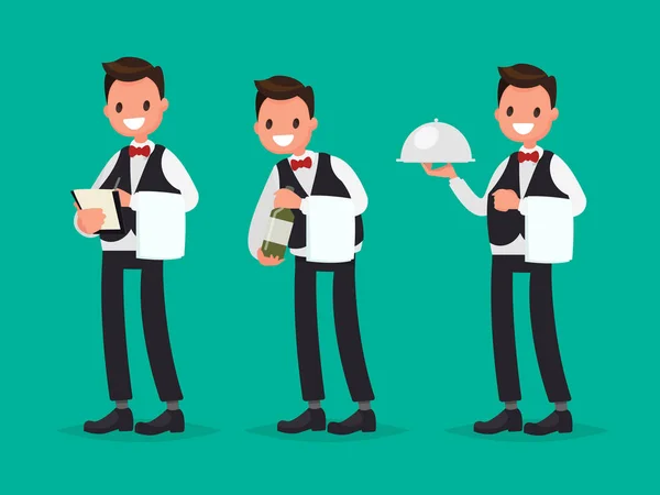 Restaurant waiter takes the order, shows a bottle of wine, bring — Stock Vector