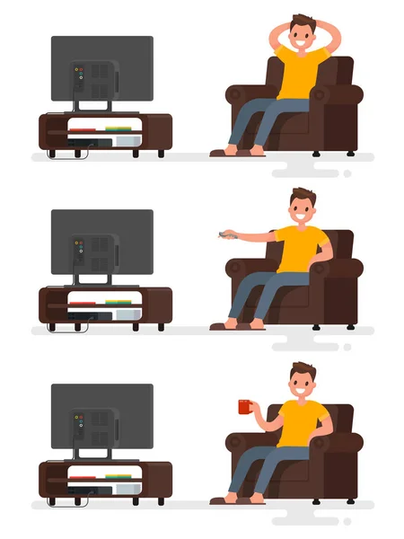 Set character man sitting in a chair and watching television on — Stock Vector