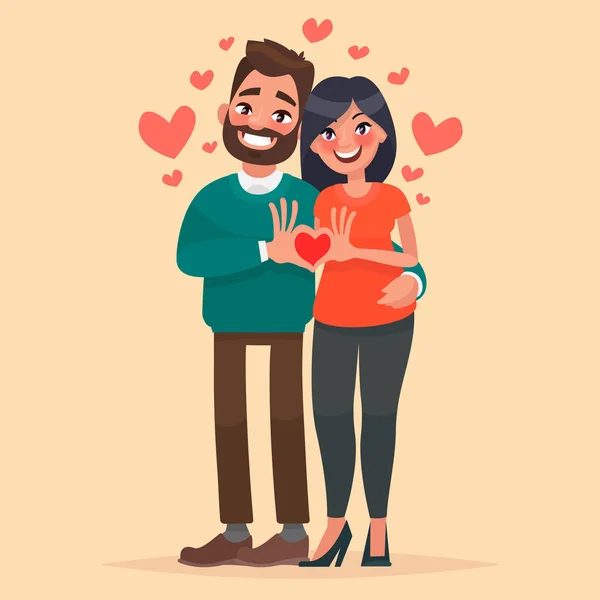 Couple in love. A man and a woman show heart with his hands. Cha — Stock Vector