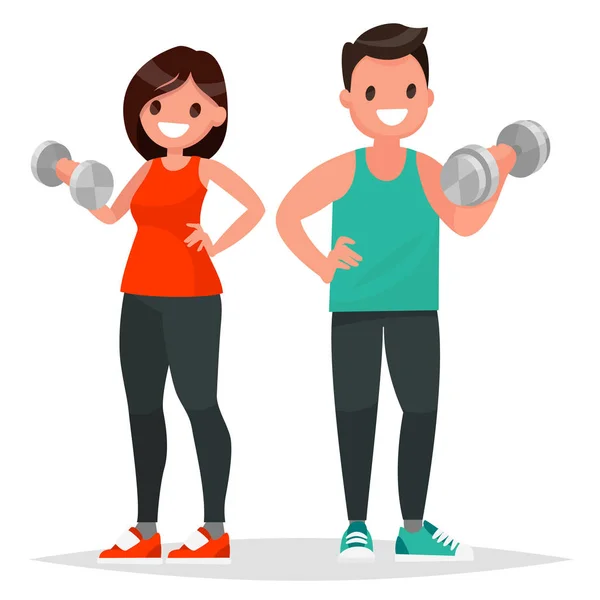 Fitness couple. Man and woman dressed in sportswear are doing ex — Stock Vector
