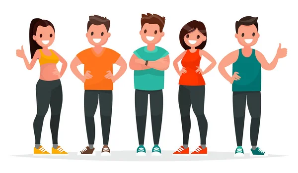 Groupe de personnes habillées en vêtements de sport pour faire de l'exercice dans la salle de gym — Image vectorielle