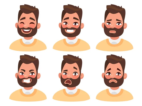 Set of male facial emotions. Bearded man emoji character with di — Stock Vector