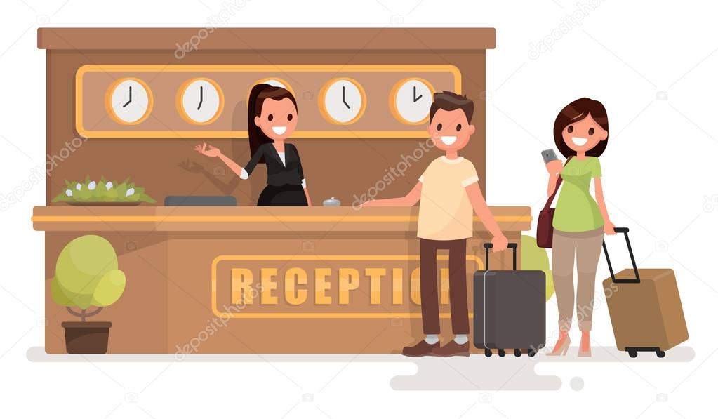 Check into a hotel. Young couple with suitcases is standing at t