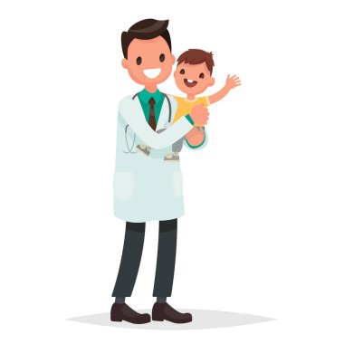 Çocuk doktoru adam sağlıklı neşeli bebek tutar. Vektör illustra