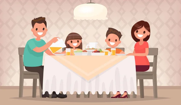Aile yemeği. Baba Anne, oğlu ve kızı birlikte oturup — Stok Vektör