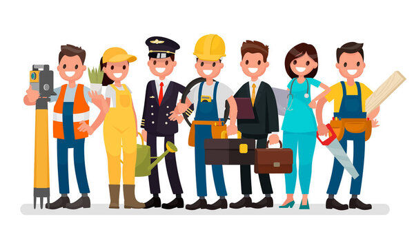 День труда. Группа людей разных профессий на белом
