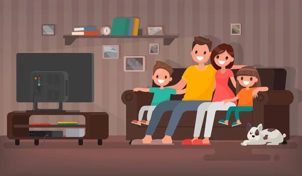 Família feliz assistindo televisão sentada no sofá em casa. V — Vetor de Stock