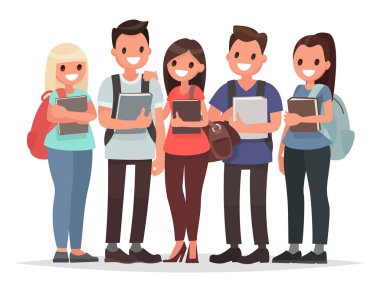 People and Education. Group of happy students with books on an i clipart