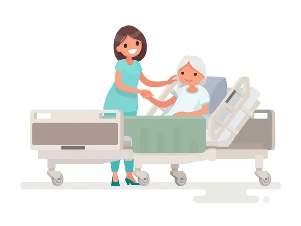 Hospitalización del paciente. Una enfermera que cuida a un enfermo — Vector de stock