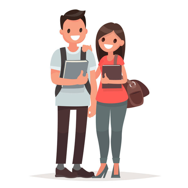 Students guy and girl with books on a white background. Vector i